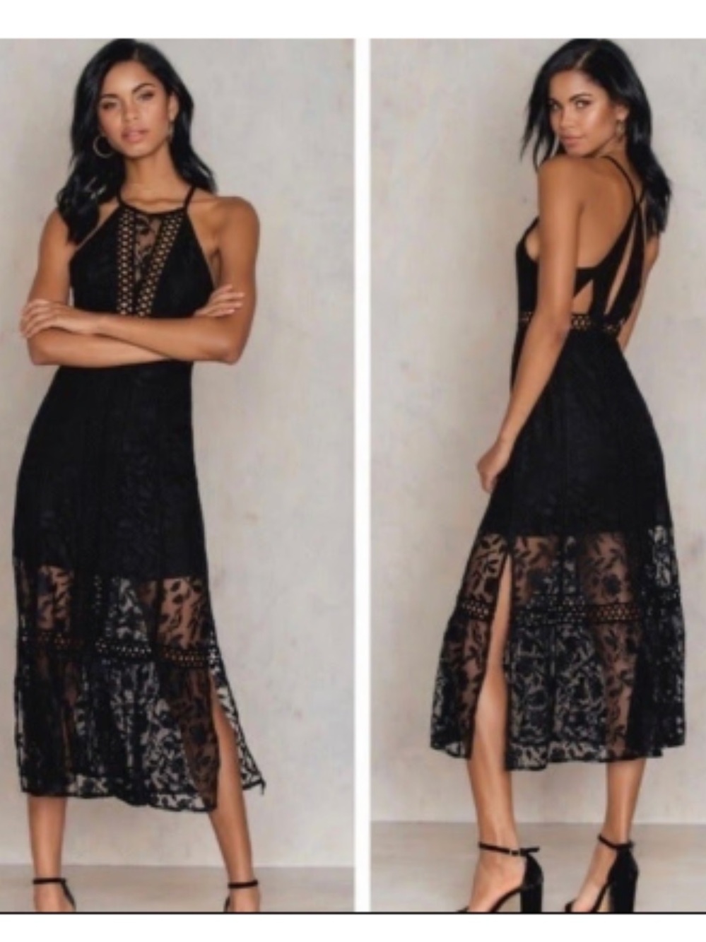 NWT Free People Women’s Anastasia Black Lace Halter Midi Dress, Size 4